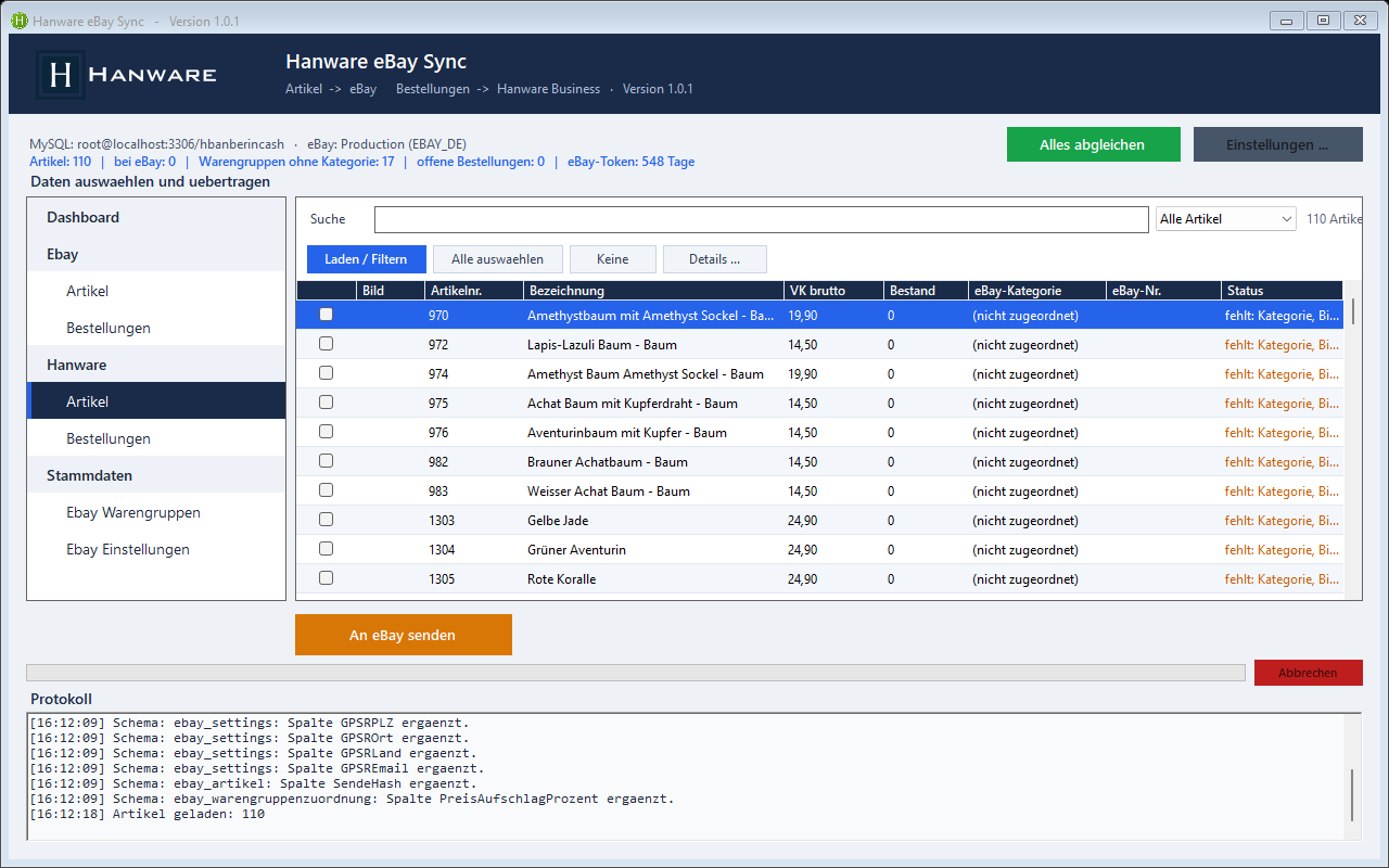 Hanware eBay Sync - Artikelliste mit Sendebereit-Ampel