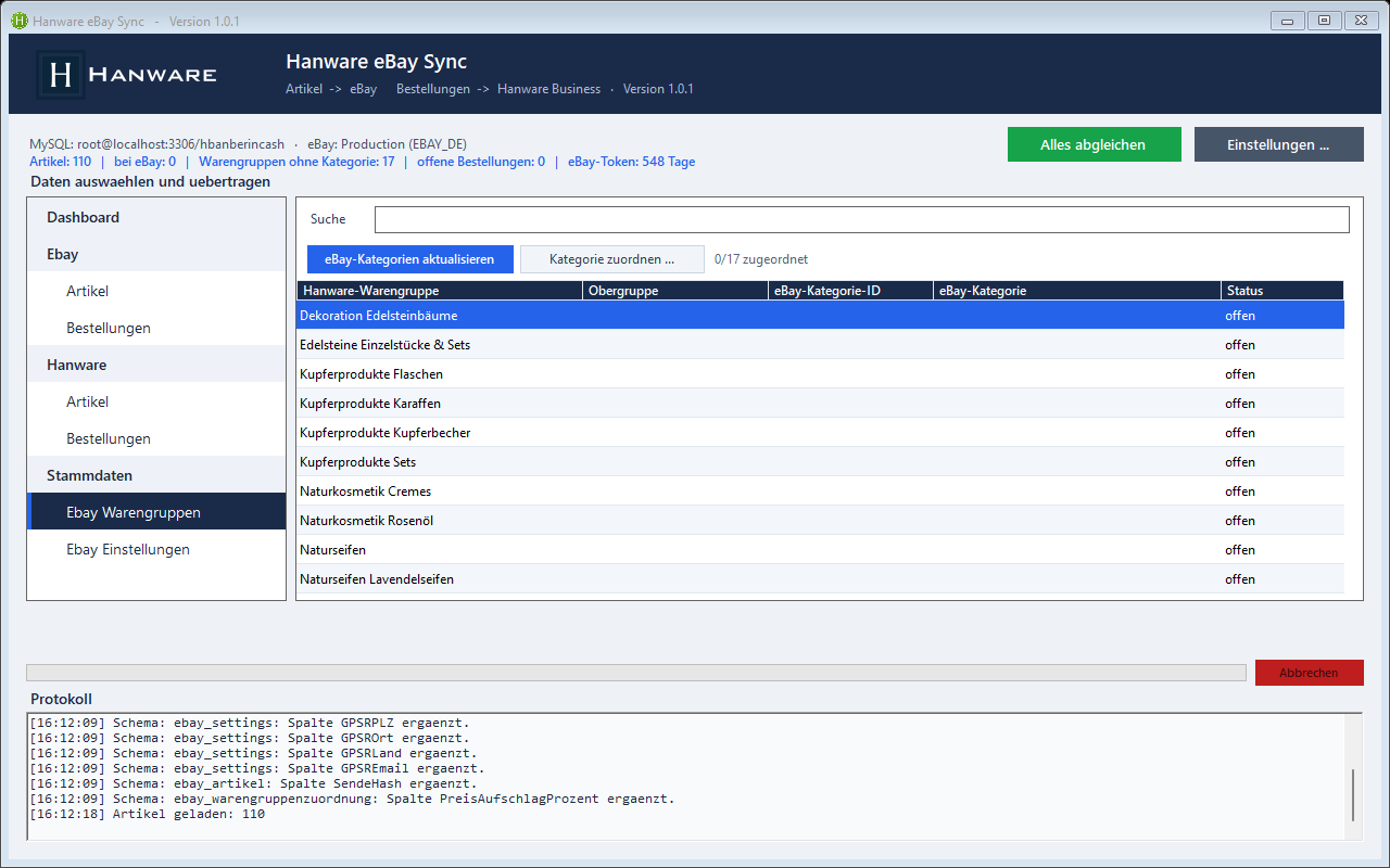Hanware eBay Sync - Warengruppen den eBay-Kategorien zuordnen