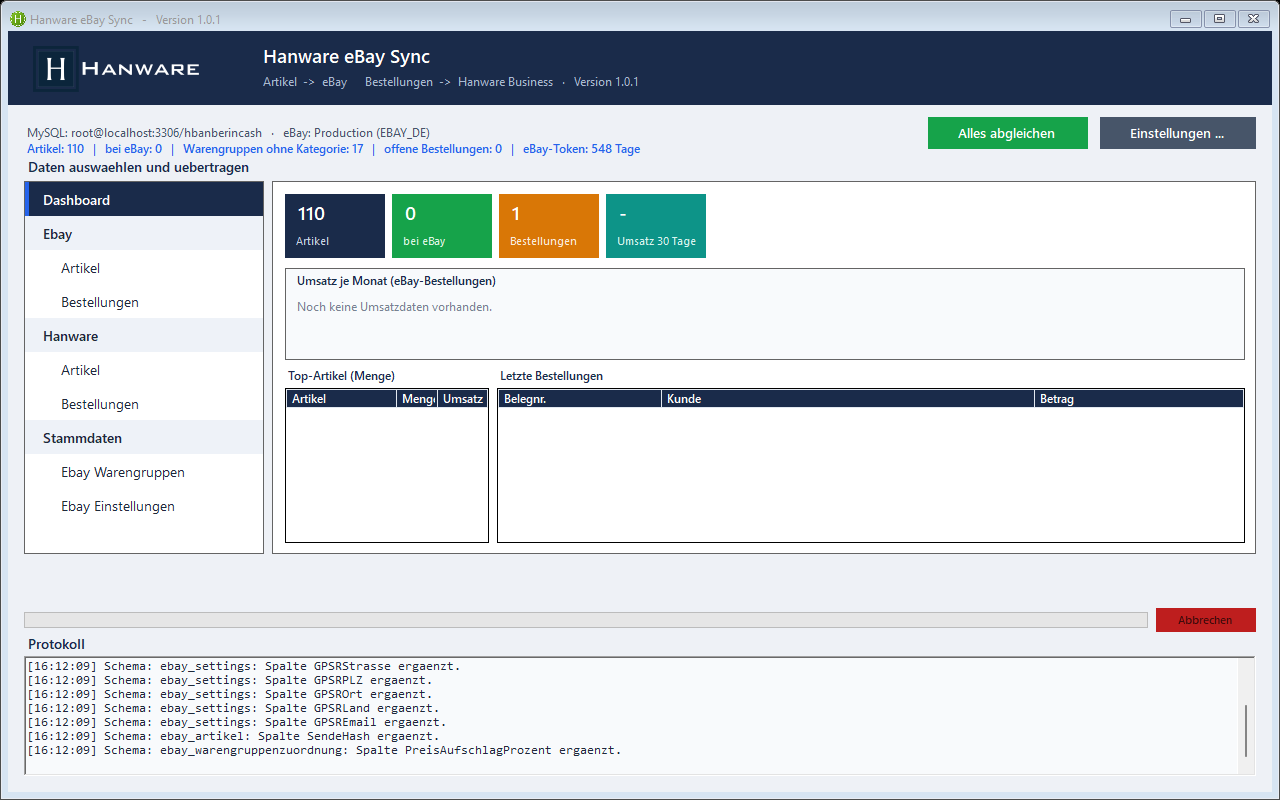 Hanware eBay Sync - Dashboard mit Kennzahlen und Umsatzgrafik