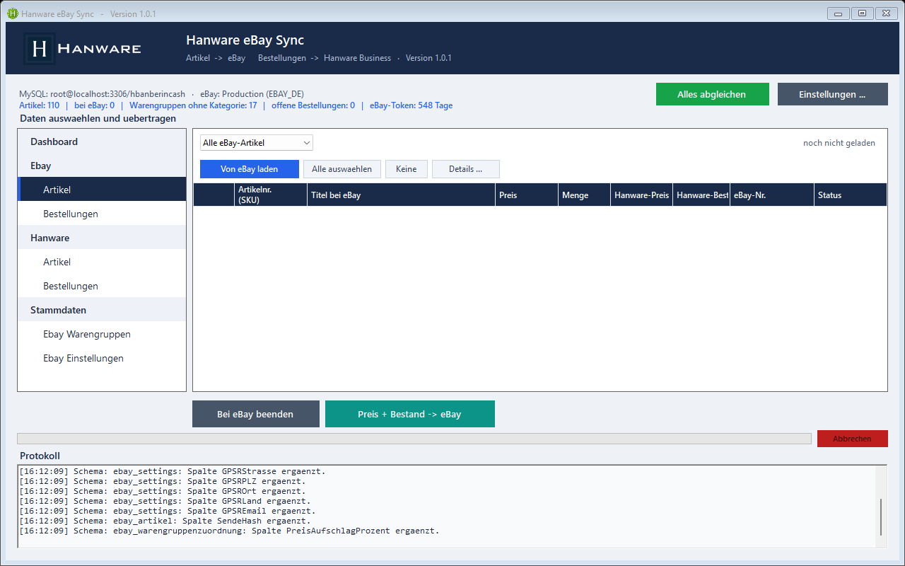 Hanware eBay Sync - eBay-Angebote mit Preis- und Bestandsabgleich